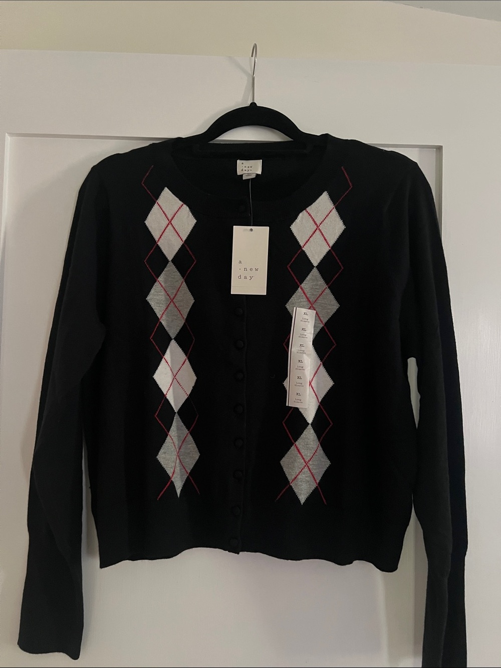 a new day Black Argyle Button-Up Cardigan with Pink Accents